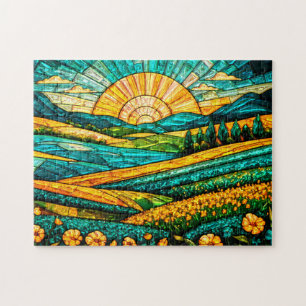 Goldene Blumen Grüne Landschaft Falsches Buntglas Puzzle