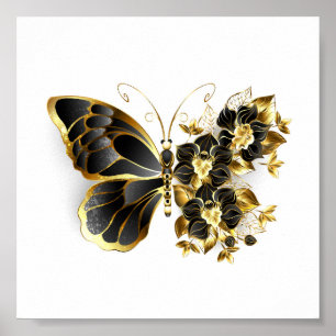 Goldene Blumen-Schmetterling mit schwarzer Orchide Poster