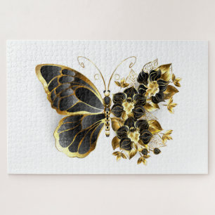 Goldene Blumen-Schmetterling mit schwarzer Orchide Puzzle