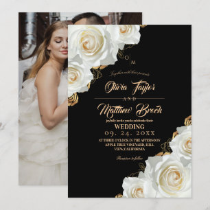 Goldene Blumen und schwarze Rosen Hochzeit Einladung