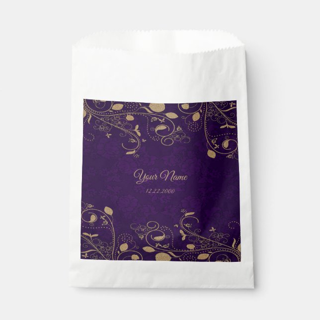 Goldene Blumenblätter Lila Hochzeitsfeier Geschenktütchen (Vorderseite)
