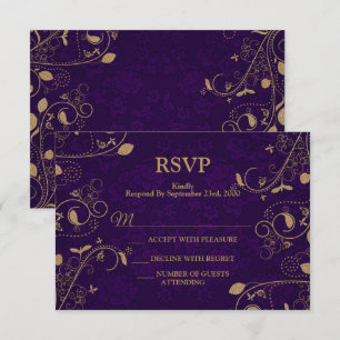 Goldene Blumenblätter Lila Moderne Hochzeitsfeier RSVP Karte
