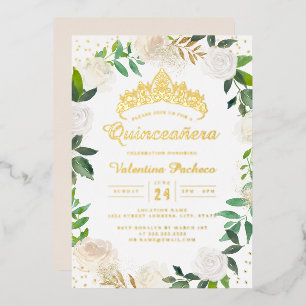 Goldene Blumenkranz-Tiara Quinceanera Folieneinladung