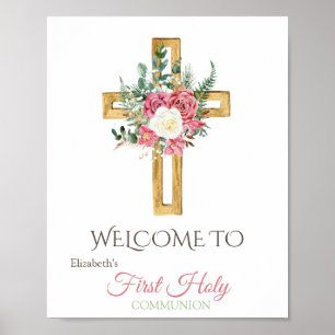 Goldene Blumenkreuz Erste Heilige Kommunion Poster