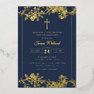 Goldene Blumenkreuz Navy Jungen Erste Kommunion Folieneinladung