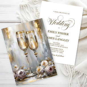 Goldene Blumige Champagnergläser Hochzeit Einladung
