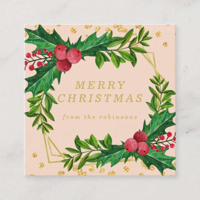 Goldene Blush-Familie Frohe Weihnachten Holly Glit Quadratische Visitenkarte (Vorderseite)