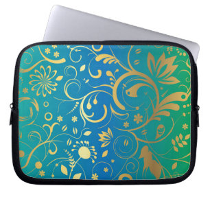 Goldene Blüte auf Grün und Blau zurück Laptopschutzhülle