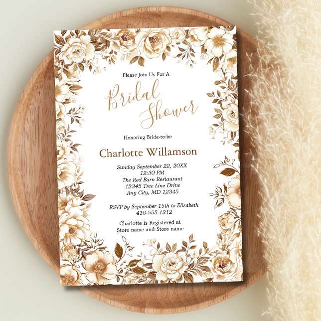 Goldene Blüte Elegante Brautdusche Einladung (Gold White Beige Brown Floral Boho Bridal Shower Invitation)