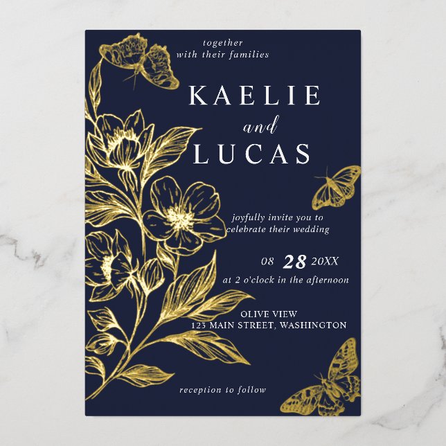 "Goldene Blüten der Liebe" | Romantische Hochzeit  Folieneinladung (Vorderseite)