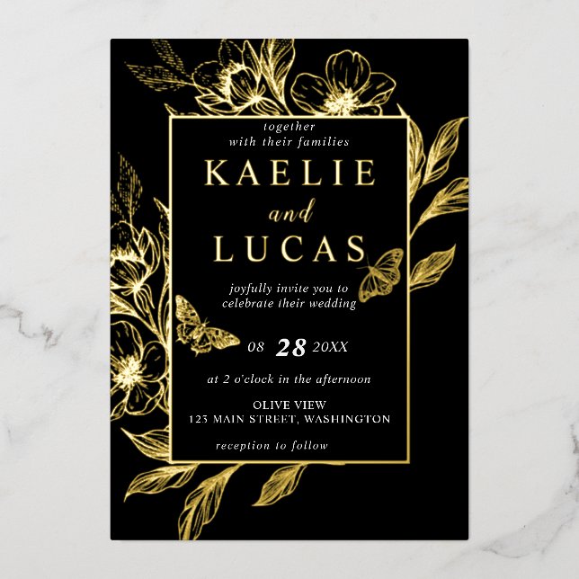 "Goldene Blüten der Liebe" | Schwarze Hochzeit Folieneinladung (Vorderseite)