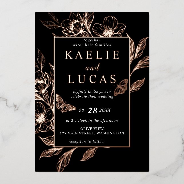 "Goldene Blüten der Liebe" | Schwarze Hochzeit Folieneinladung (Vorderseite)
