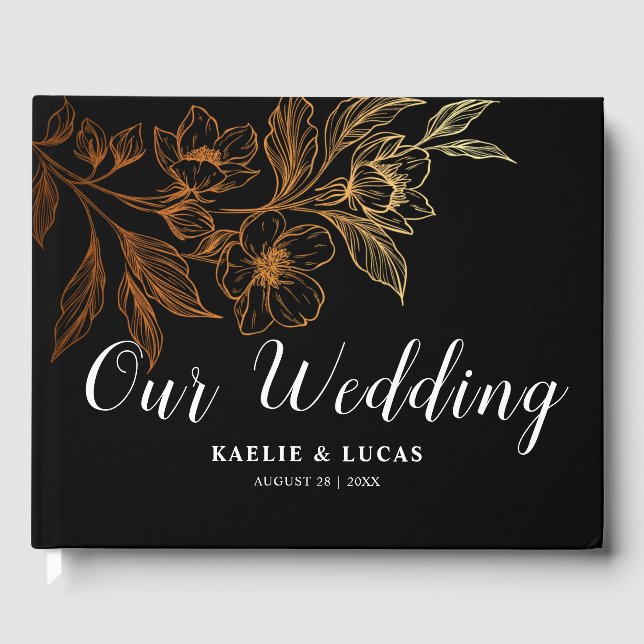 "Goldene Blüten der Liebe" | Schwarze Hochzeit Gästebuch (Vorderseite)