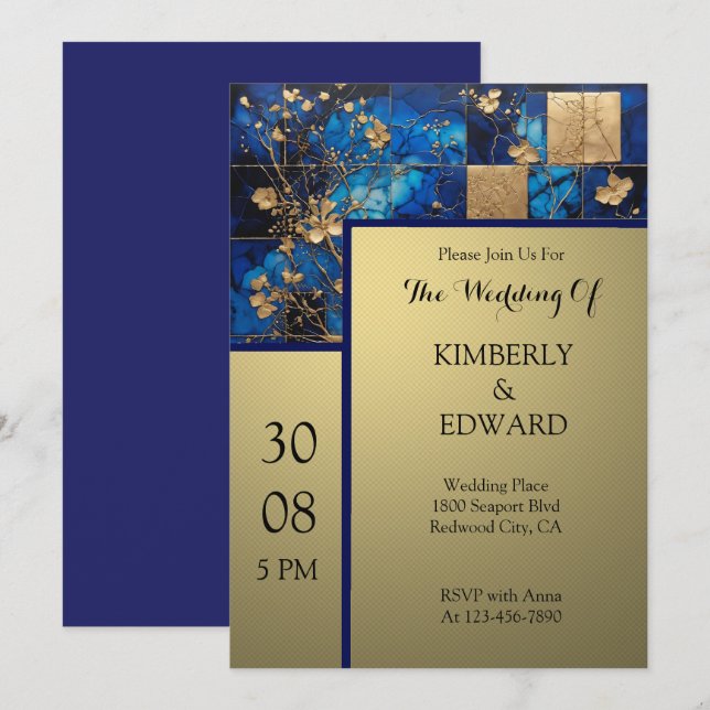 Goldene Blüten in Mitternachtsblau Einladung (Vorne/Hinten)