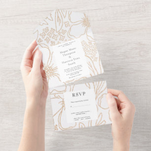 Goldene Blüten Moderne Hochzeit Alles in einem Ein All In One Einladung