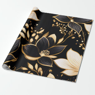 Goldene Blüten: Schwarze und goldene Blumenmuster Geschenkpapier