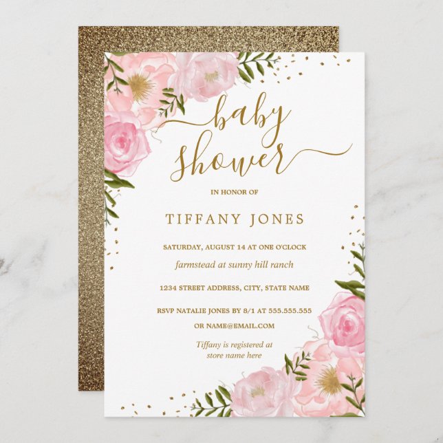 Goldene Blütenflora Wasserfarben Kinderdusche einl Einladung (Vorne/Hinten)