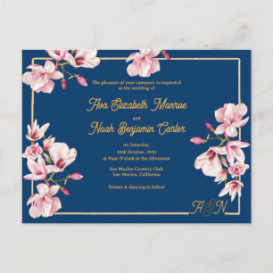 Goldene Bogen Navy Magnolie Blumen Hochzeitseinlad Postkarte