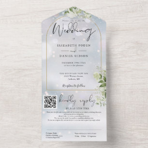 Goldene Bogen-QR-Code-Grün Winterhochzeit All In One Einladung