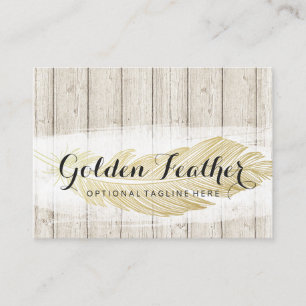 Goldene böhmische Feder auf rustikalen Holzbretter Visitenkarte