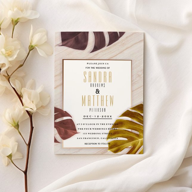 Goldene Bordeaux-Rose-Goldmarmor, tropische Hochze Einladung (Gold burgundy rose gold marble tropical Wedding )