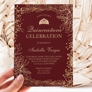 Goldene Bordeaux Tiara chic Quinceañera Einladung
