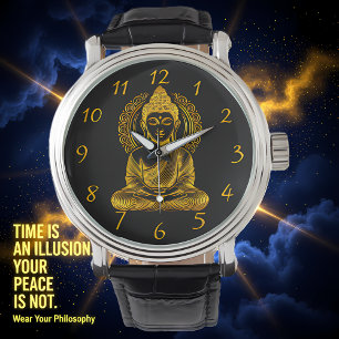 Goldene Buddha Skulptur in der Pose Serene Meditat Armbanduhr