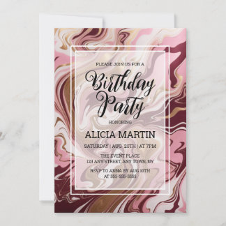 Goldene Burgund Pink Marble Fluid Birthday Party Einladung