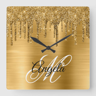 Goldene Bürstenfolie Glitter-Tropfen Fancy Monogra Quadratische Wanduhr