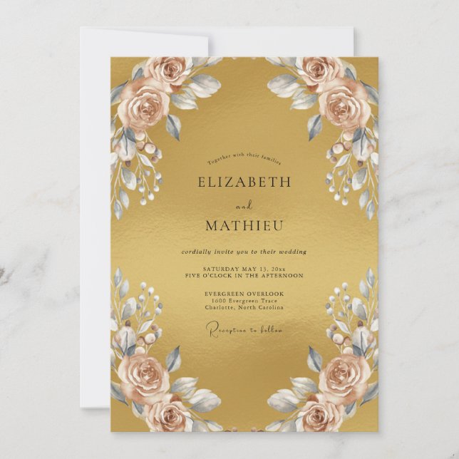 Goldene Champagner-Blatt-Hochzeit Einladung (Vorderseite)