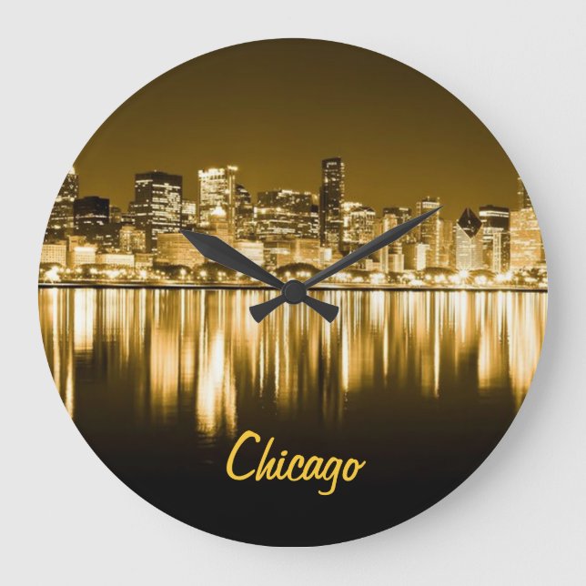 goldene Chicagoer Skyline-Uhr Große Wanduhr (Vorderseite)