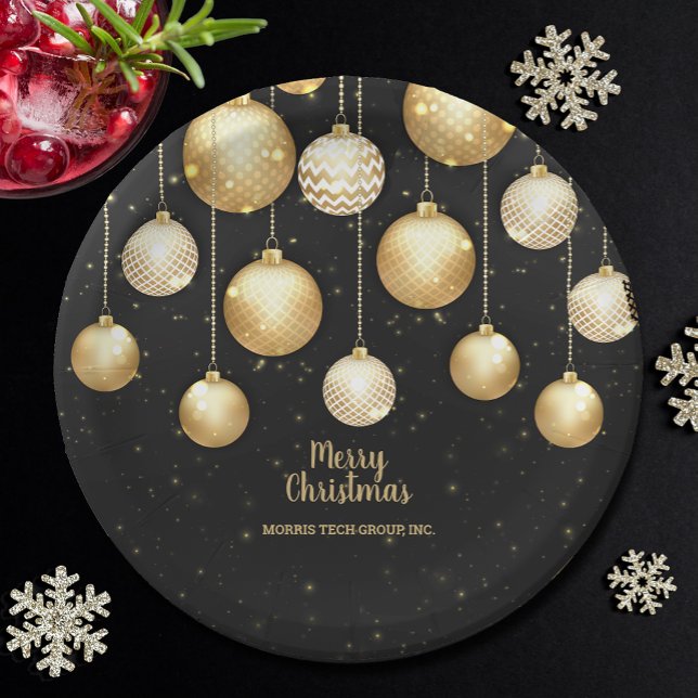 Goldene Christbaumkugeln Weihnachtsbaum Ornamente  Pappteller (Gold and white Christmas tree ornaments on black personalized holiday party paper plates)