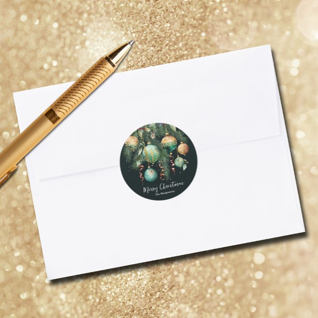 Goldene Christbaumkugeln Weihnachtsbaum Runder Aufkleber (Gold and green Christmas tree ornaments round envelope seal stickers)