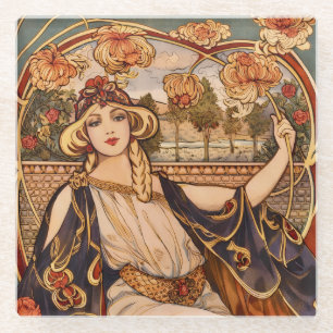 Goldene Chrysanthemen-Muse – Art Nouveau Floral Glasuntersetzer
