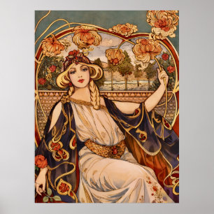 Goldene Chrysanthemen-Muse – Art Nouveau Floral Poster