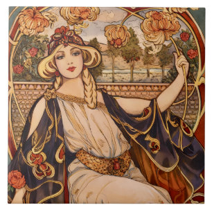 Goldene Chrysanthemum-Muse – Art Nouveau Floral Fliese
