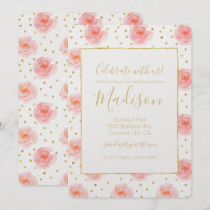 Goldene Confetti Pink Aquarellfarben Rose Geburtst Einladung