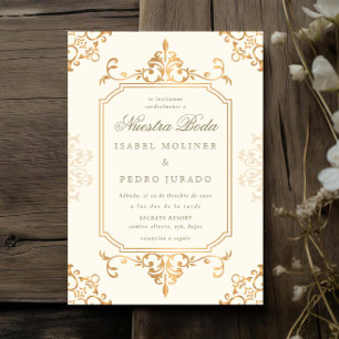 Goldene Creme-Ornament-Vintage Nuestra Boda Hochze Einladung