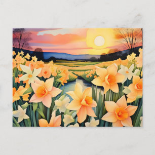 Goldene Daffodien bei Sonnenuntergang auf einer ru Postkarte