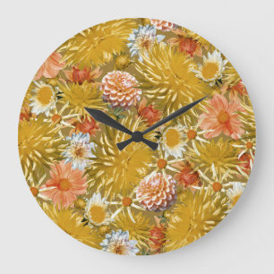 Goldene Dahlienblumen, vintage Blumenmuster. Große Wanduhr