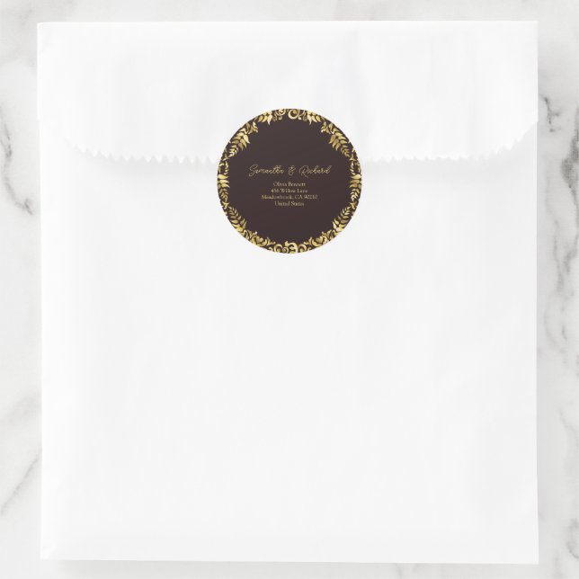 Goldene Damast-Rücksendeadresse Runder Aufkleber (Tasche)