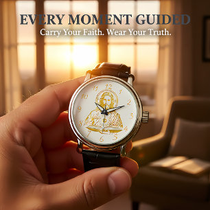 Goldene Darstellung Jesu, das ein Buch hält Armbanduhr