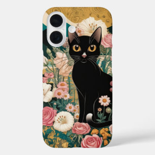 Goldene dekorative Gustav-Klimt-Stil-Schwarze-Katz iPhone 16 Hülle