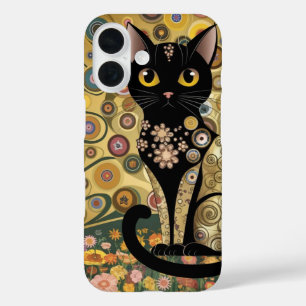 Goldene dekorative Gustav-Klimt-Stil-Schwarze-Katz iPhone 16 Hülle