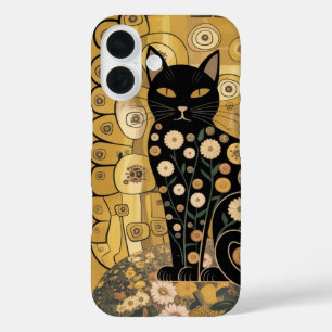 Goldene dekorative Gustav-Klimt-Style-Schwarze-Kat iPhone 16 Hülle