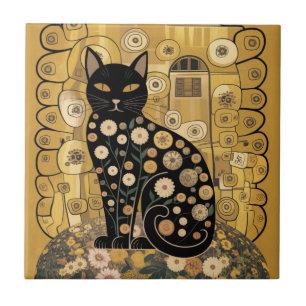 Goldene dekorative Gustav-Klimt-Style-Schwarze-Kat Fliese
