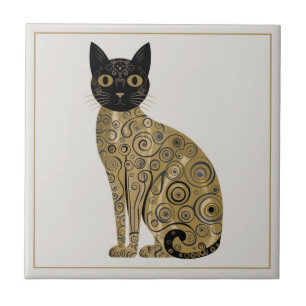 Goldene dekorative Gustav-Klimt-Style-Schwarze-Kat Fliese