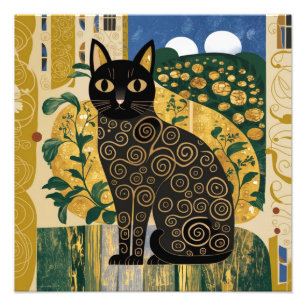 Goldene dekorative Gustav-Klimt-Style-Schwarze-Kat Fotodruck