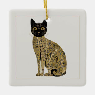 Goldene dekorative Gustav-Klimt-Style-Schwarze-Kat Keramikornament