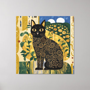 Goldene dekorative Gustav-Klimt-Style-Schwarze-Kat Leinwanddruck